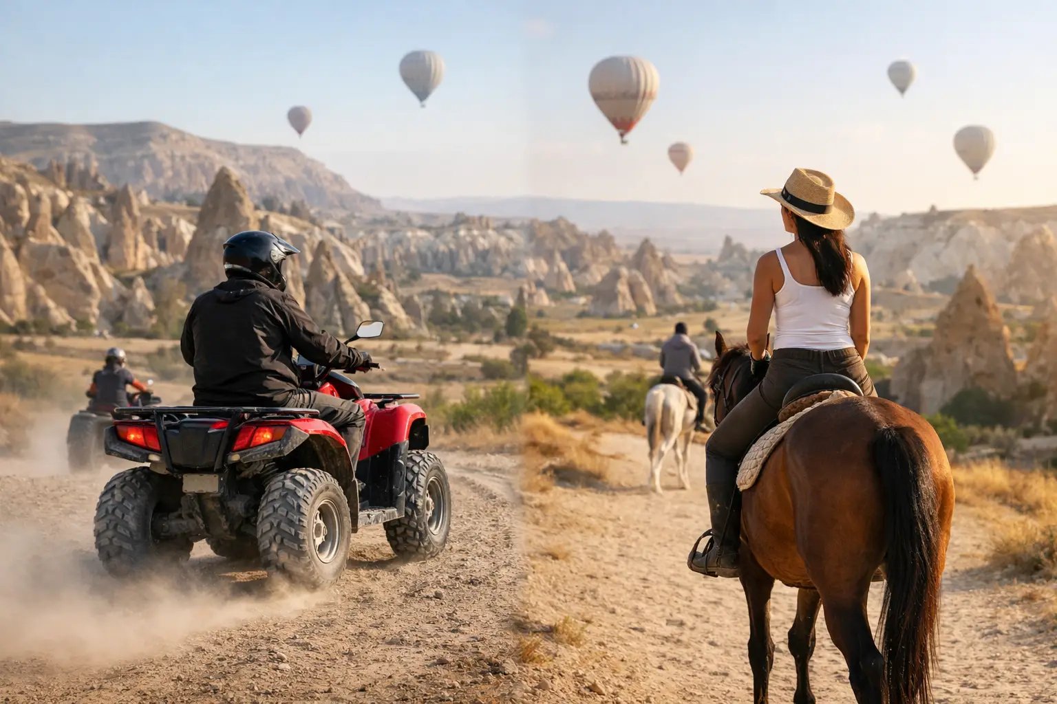 ATV riders exploring Cappadocia’s rocky valley landscape