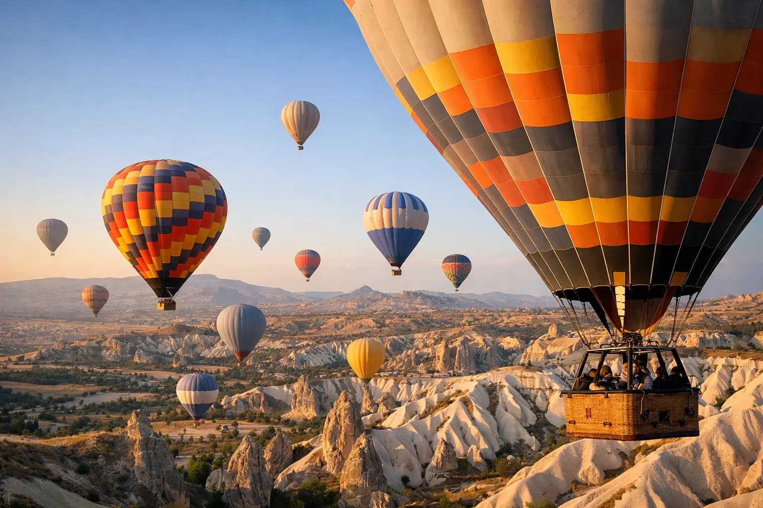 Dozens of hot-air balloons rising above Cappadocia's valleys at sunrise