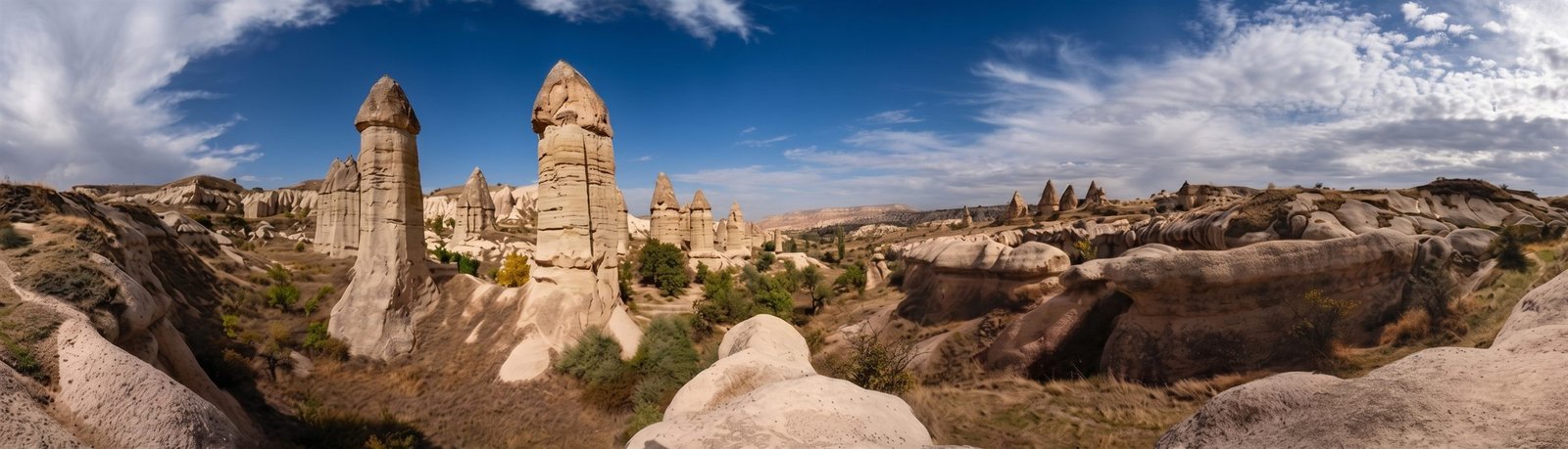 Panoramic view of Cappadocia fairy chimneys beneath dramatic clouds