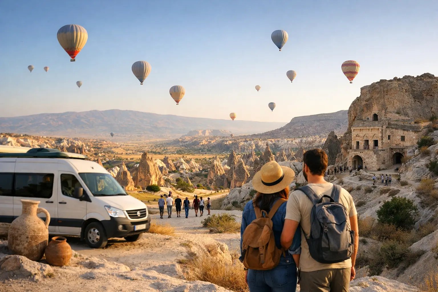 Fairy chimneys overlooking the wide Cappadocia landscape
