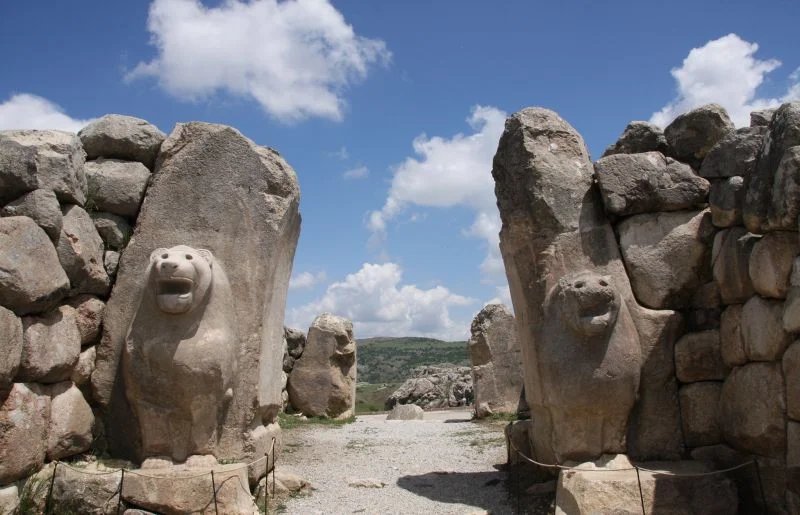 Stone lion sculptures at the monumental gate of Alacahöyük