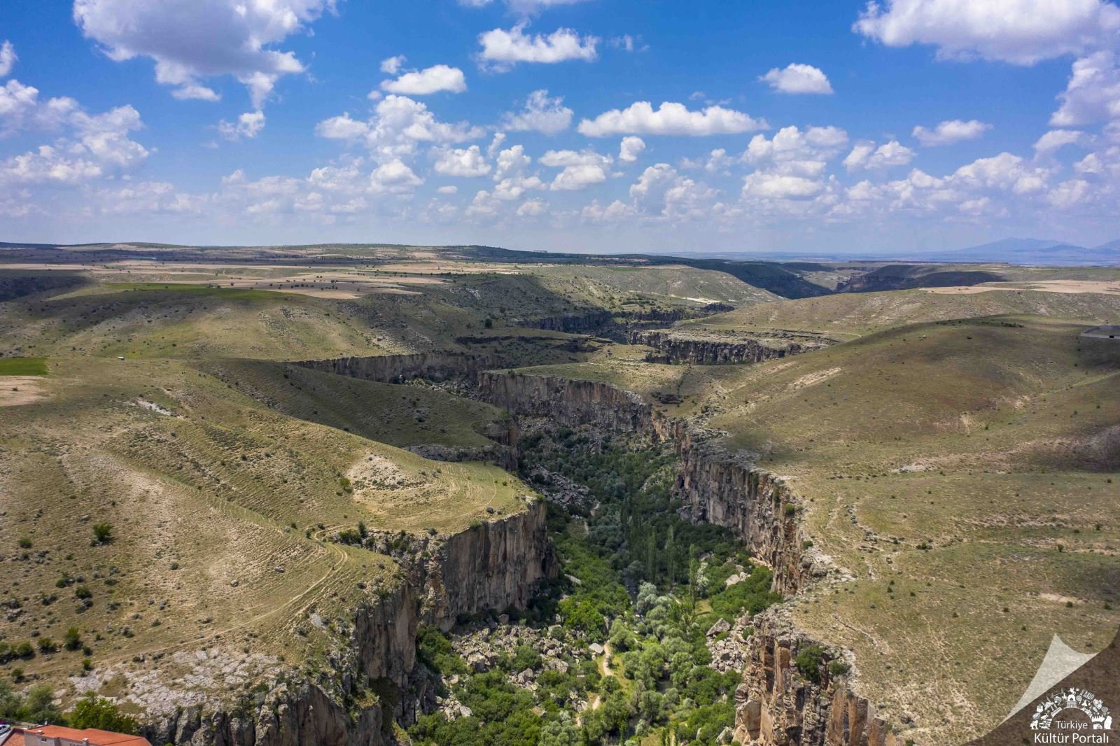Ihlara Valley canyon with a green valley floor and sunlit cliffs