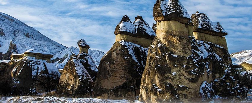 Snow-covered fairy chimneys in northern Cappadocia