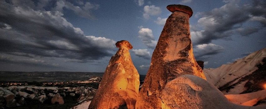 Fairy chimneys glowing in warm evening light